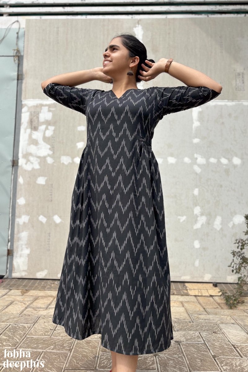 Ikkat in Black Side Pleated Dress - Lobha Deepthis