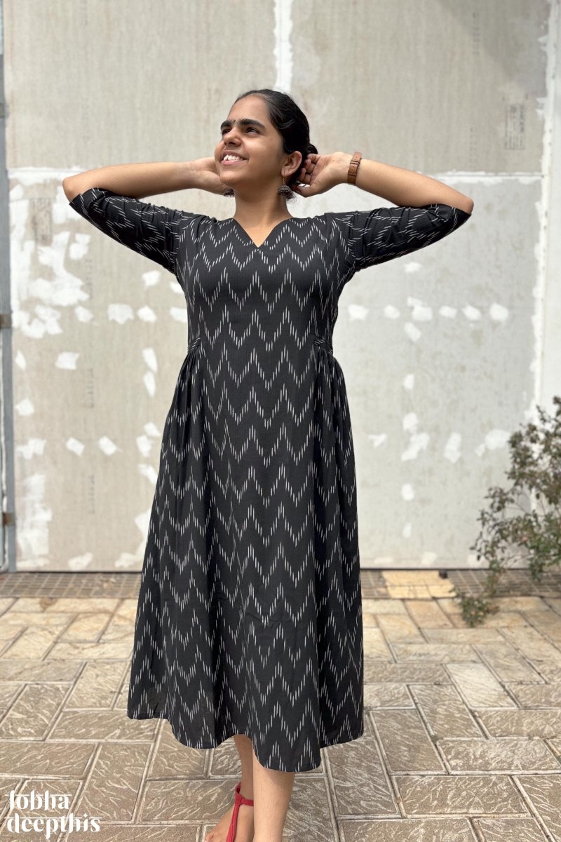 Ikkat in Black Side Pleated Dress - Lobha Deepthis