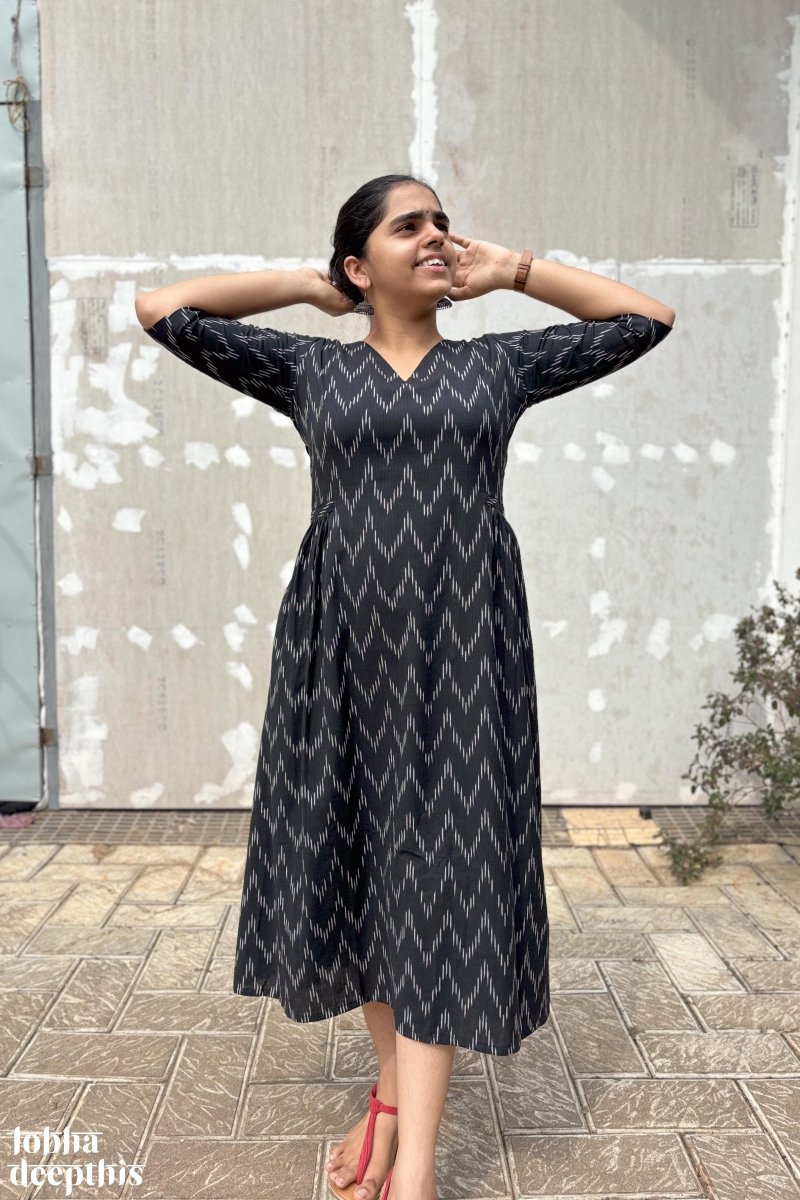 Ikkat in Black Side Pleated Dress - Lobha Deepthis