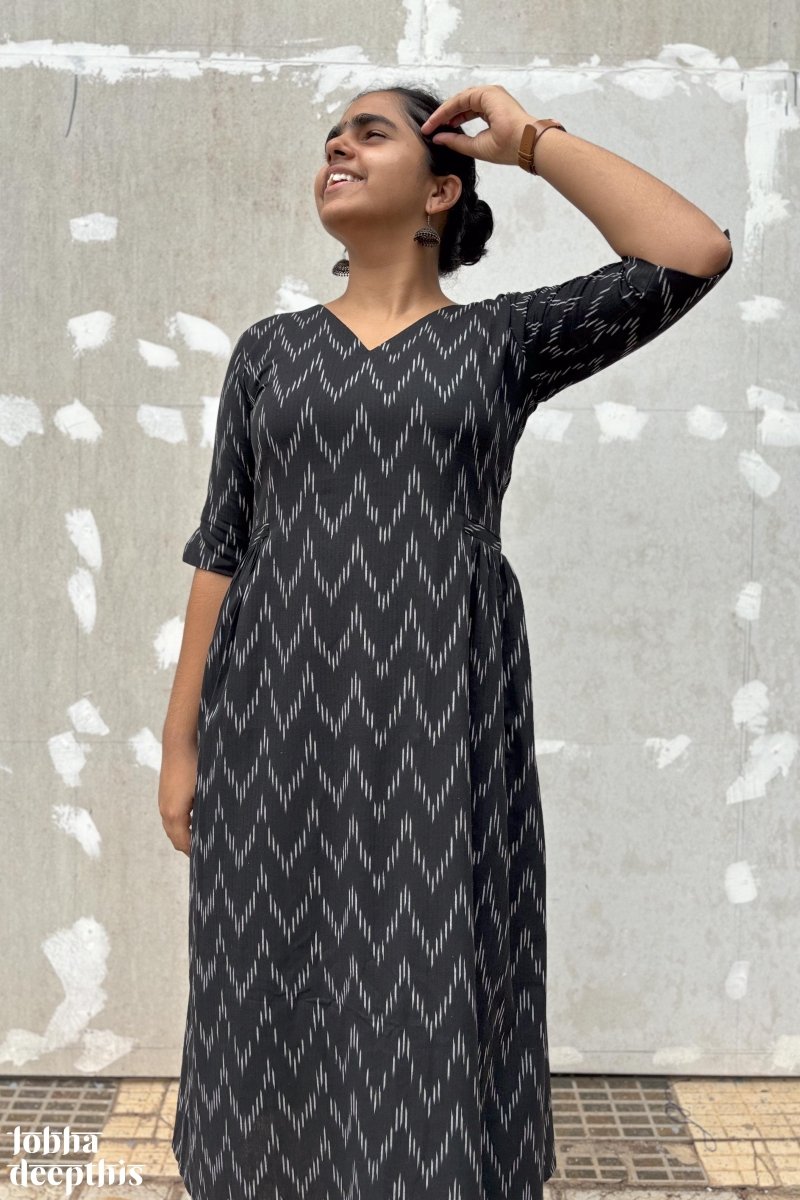 Ikkat in Black Side Pleated Dress - Lobha Deepthis