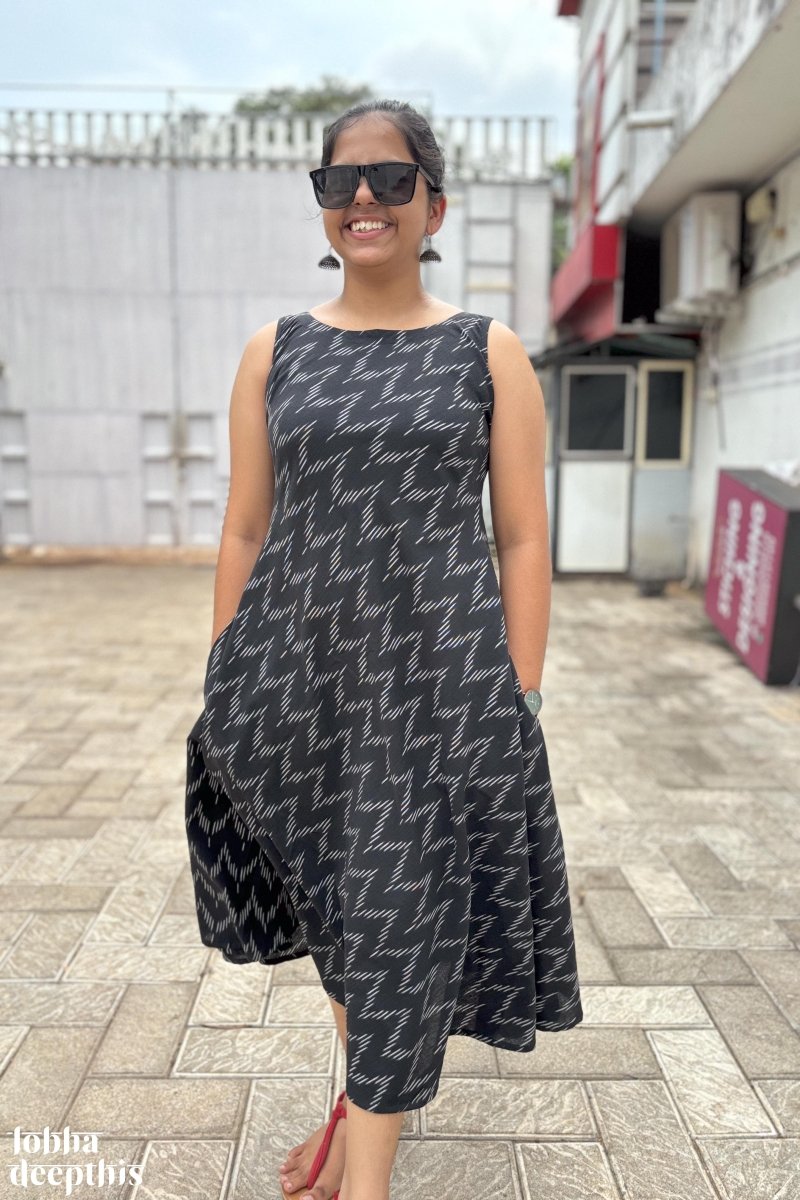 Ikkat in Black Sleeveless Dress - Lobha Deepthis