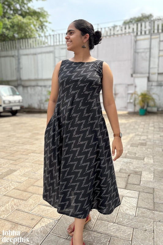 Ikkat in Black Sleeveless Dress - Lobha Deepthis