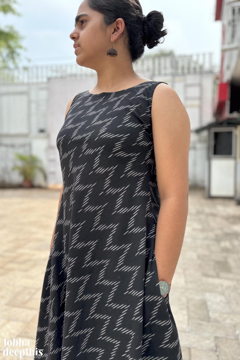 Ikkat in Black Sleeveless Dress - Lobha Deepthis