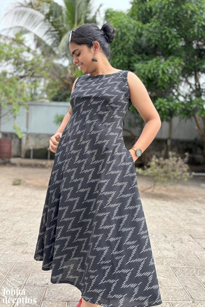 Ikkat in Black Sleeveless Dress - Lobha Deepthis