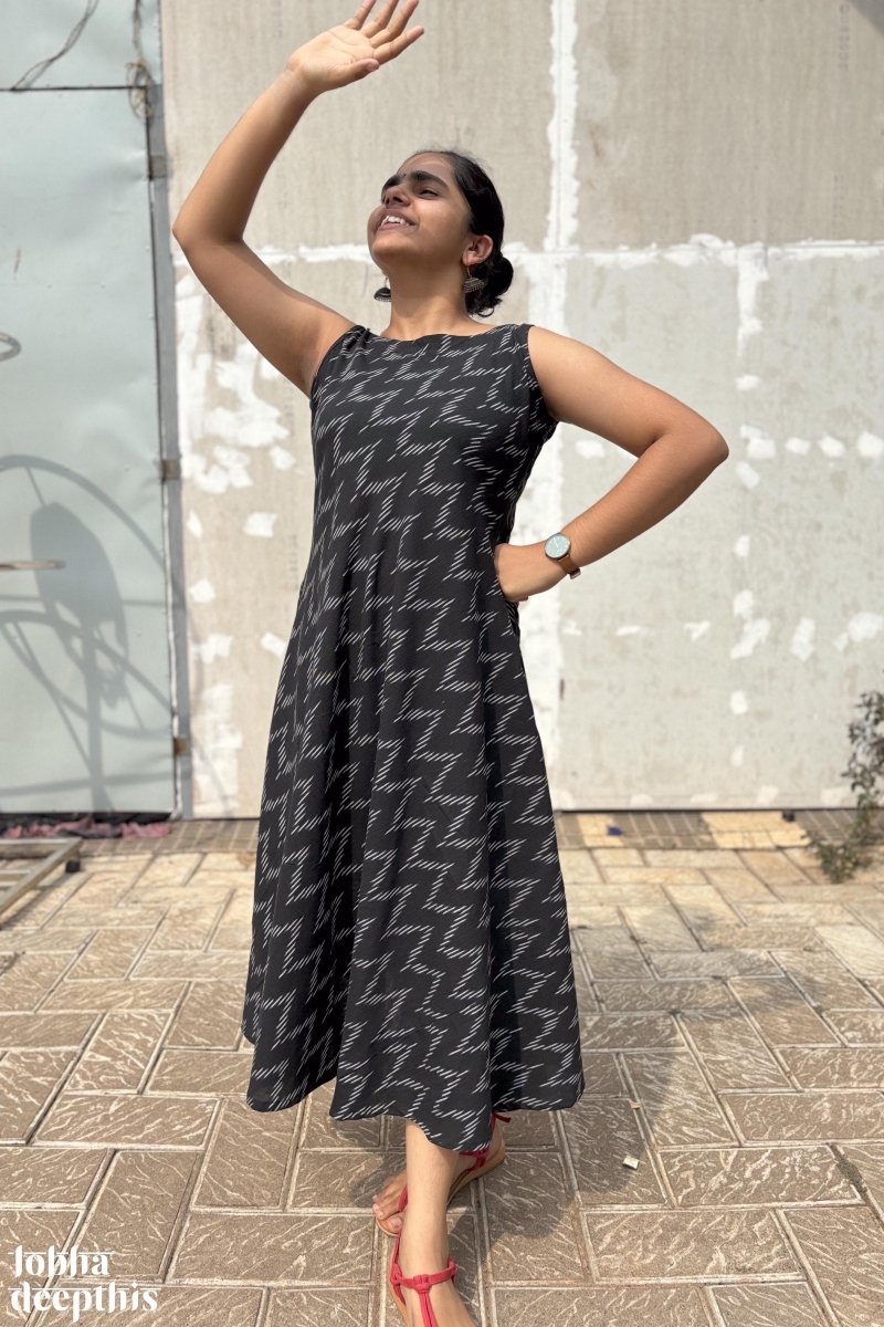 Ikkat in Black Sleeveless Dress - Lobha Deepthis