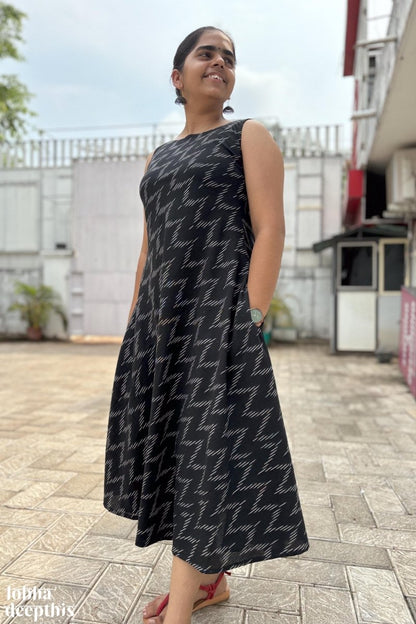 Ikkat in Black Sleeveless Dress - Lobha Deepthis