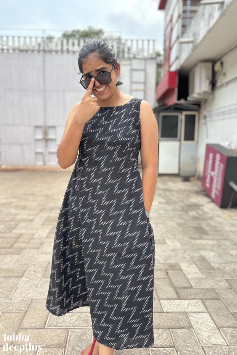 Ikkat in Black Sleeveless Dress - Lobha Deepthis