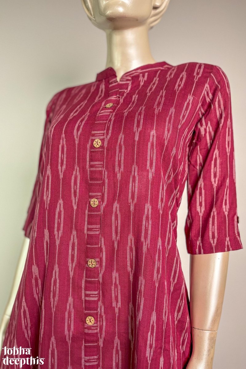 Ikkat in Wine Collar Aline Kurta - Lobha Deepthis