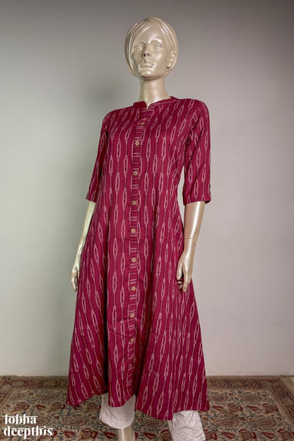 Ikkat in Wine Collar Aline Kurta - Lobha Deepthis