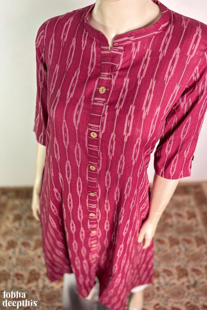 Ikkat in Wine Collar Aline Kurta - Lobha Deepthis