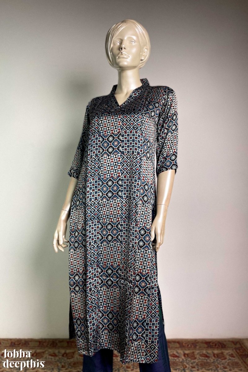 Indigo Ajrakh Mosaic Modal Collar Kurta - Lobha Deepthis