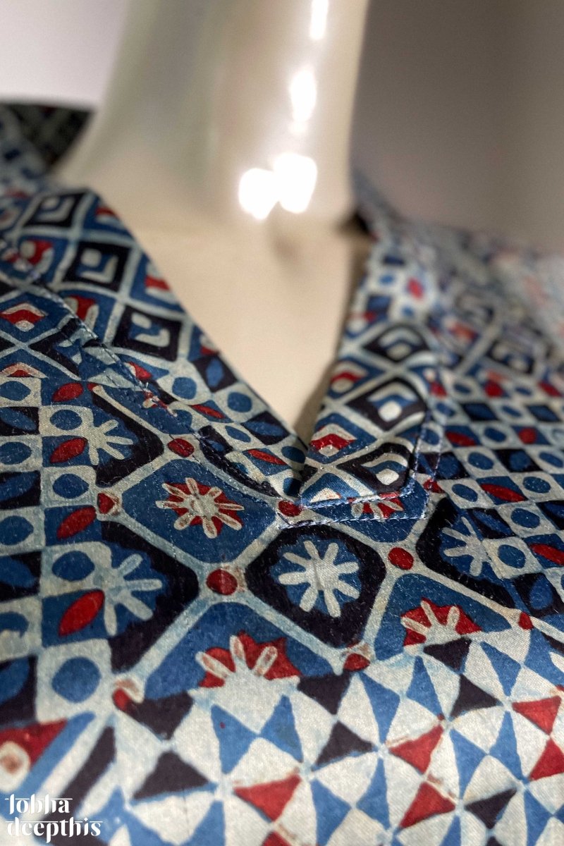 Indigo Ajrakh Mosaic Modal Collar Kurta - Lobha Deepthis