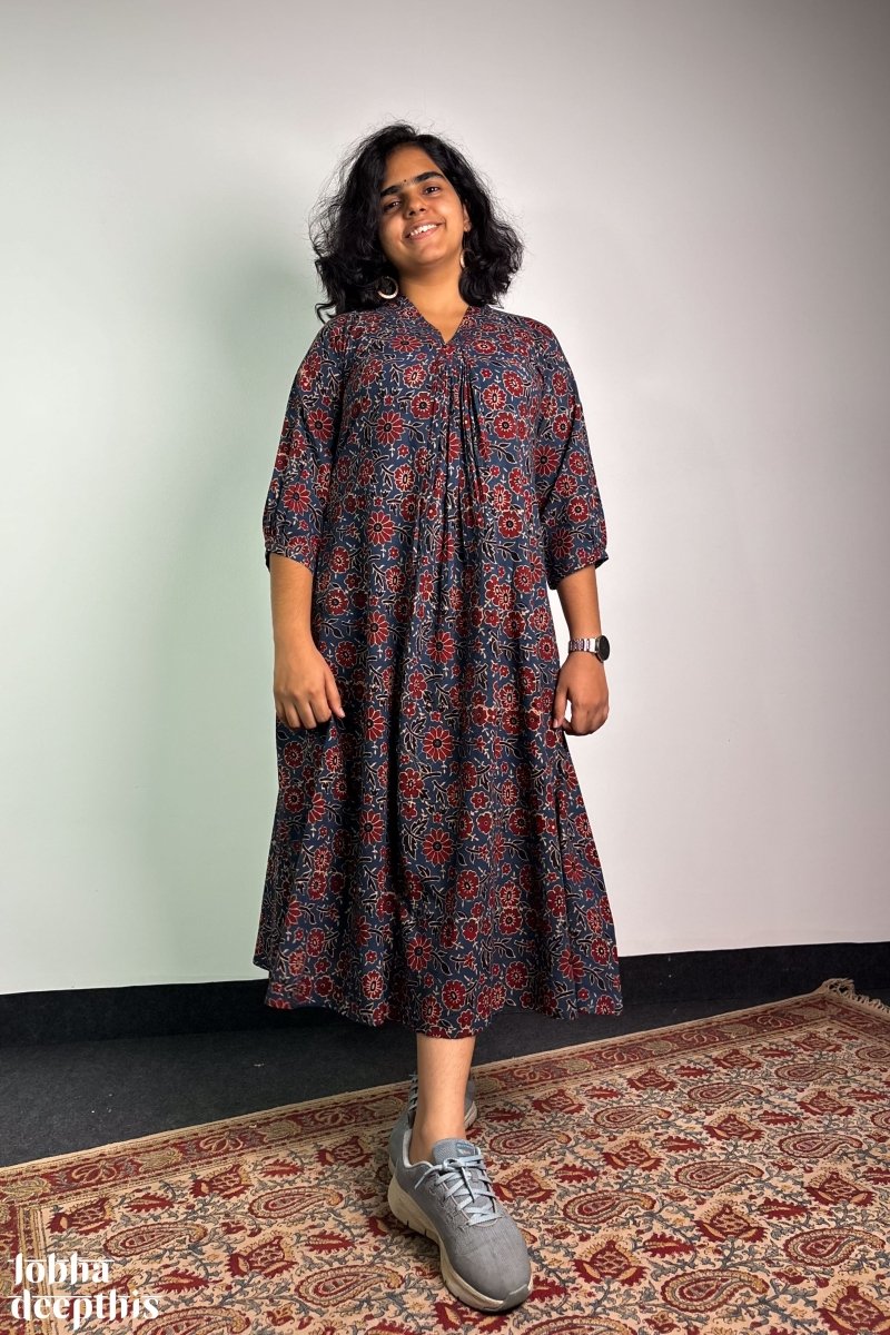 Indigo Blooms Ajrakh Dress - Lobha Deepthis