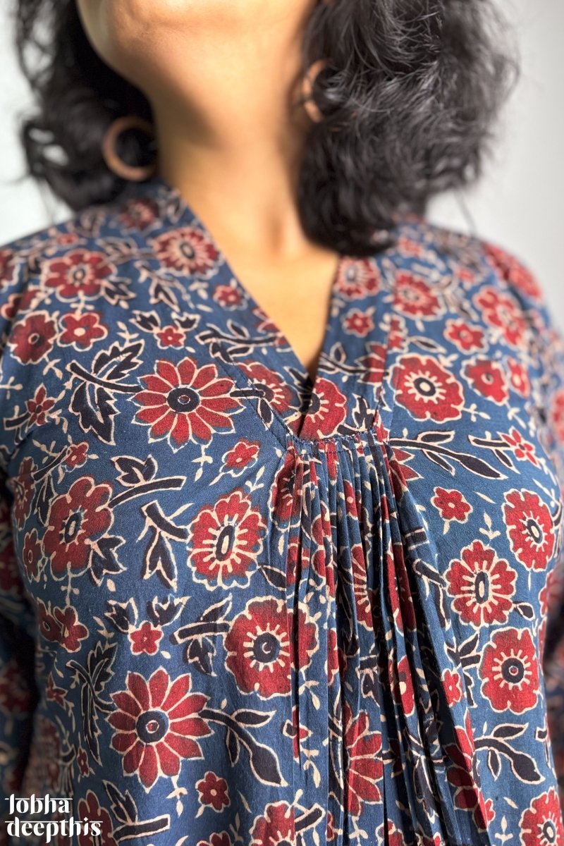 Indigo Blooms Ajrakh Dress - Lobha Deepthis