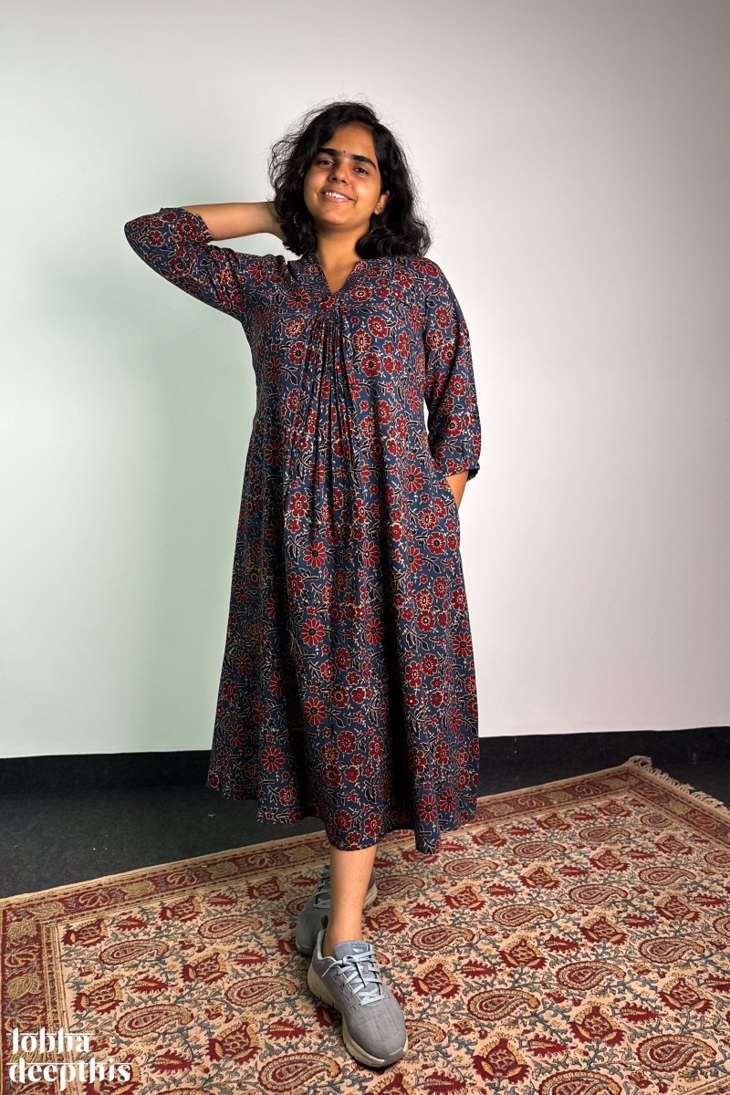 Indigo Blooms Ajrakh Dress - Lobha Deepthis