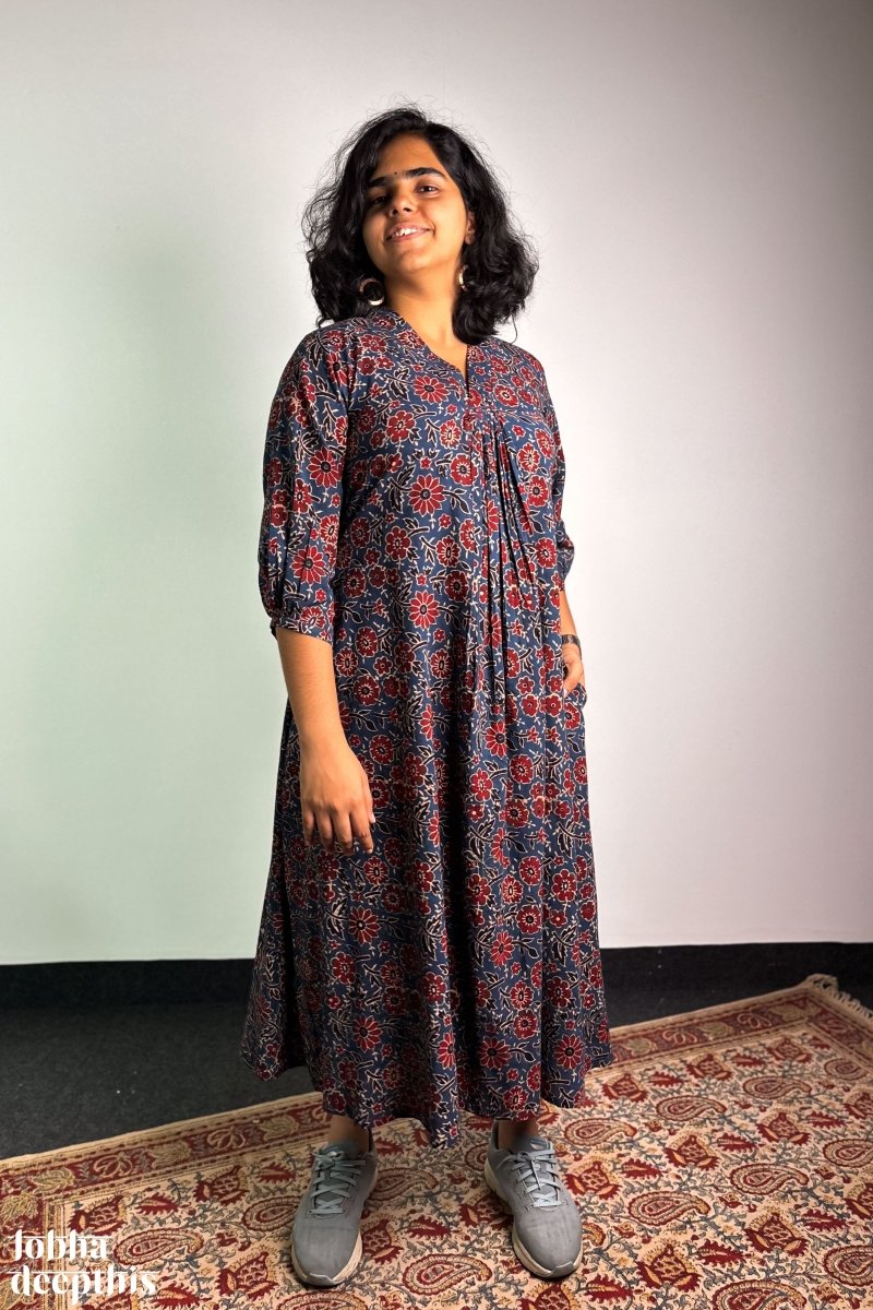 Indigo Blooms Ajrakh Dress - Lobha Deepthis