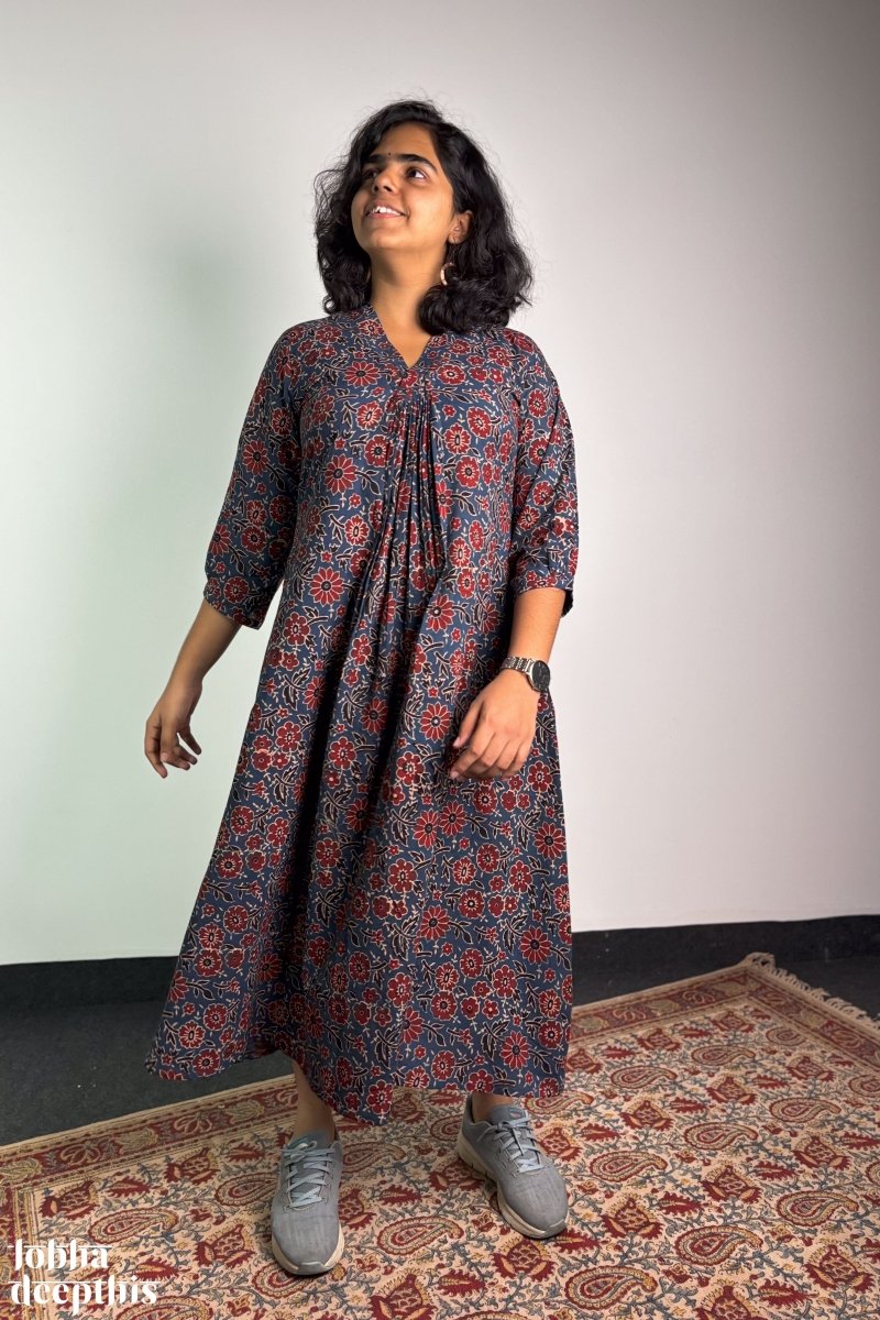 Indigo Blooms Ajrakh Dress - Lobha Deepthis