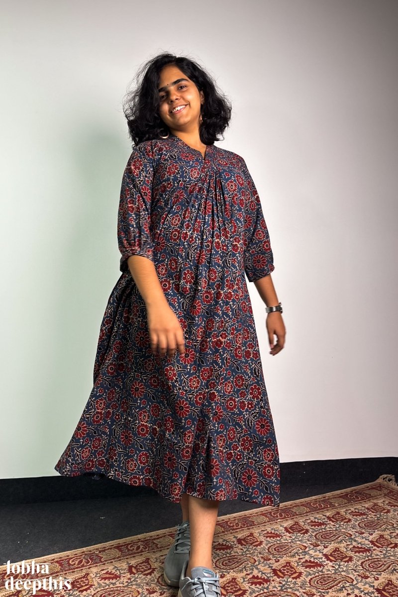 Indigo Blooms Ajrakh Dress - Lobha Deepthis