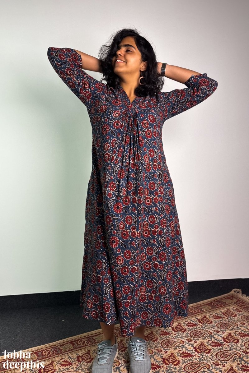 Indigo Blooms Ajrakh Dress - Lobha Deepthis