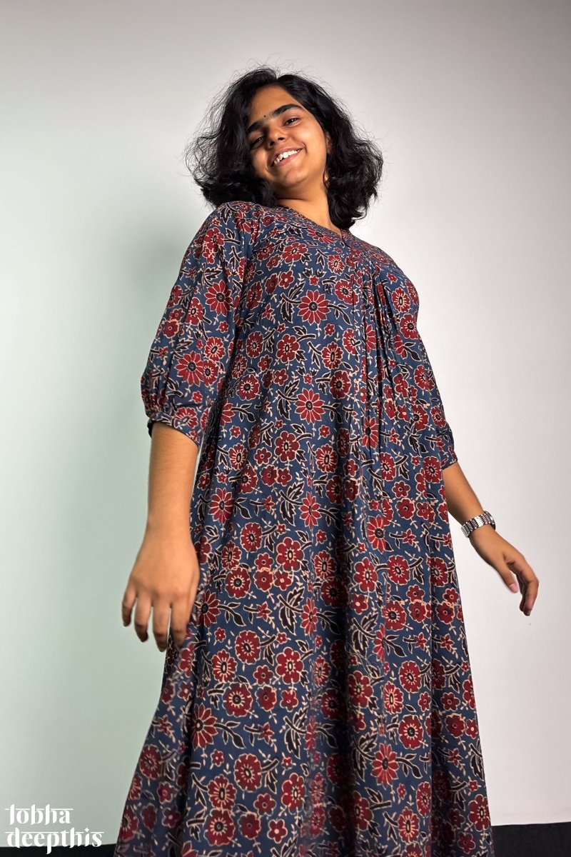 Indigo Blooms Ajrakh Dress - Lobha Deepthis