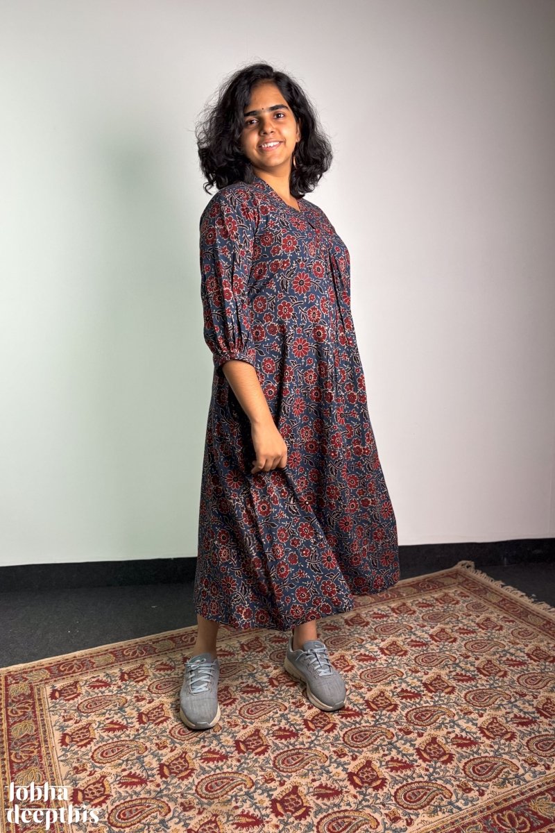 Indigo Blooms Ajrakh Dress - Lobha Deepthis