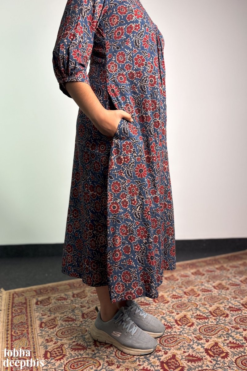 Indigo Blooms Ajrakh Dress - Lobha Deepthis