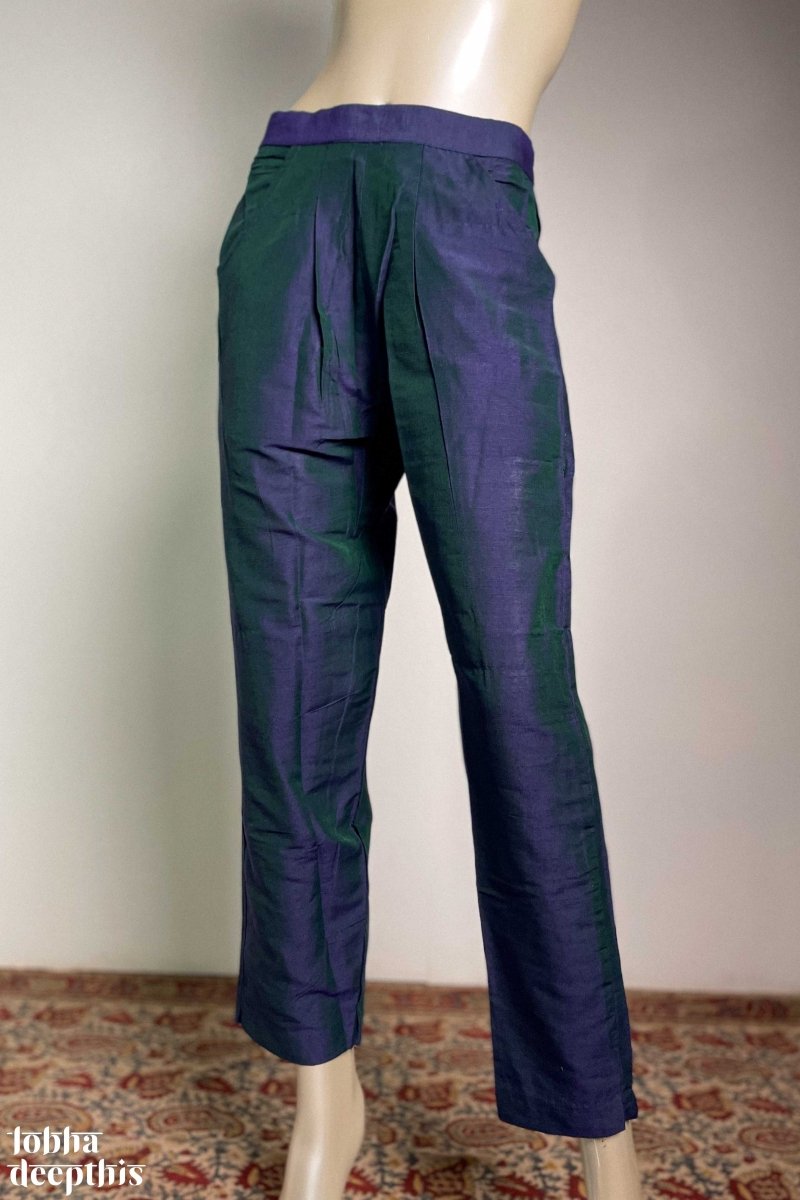 Indigo Blue Slub Silk Pencil Pants - Lobha Deepthis