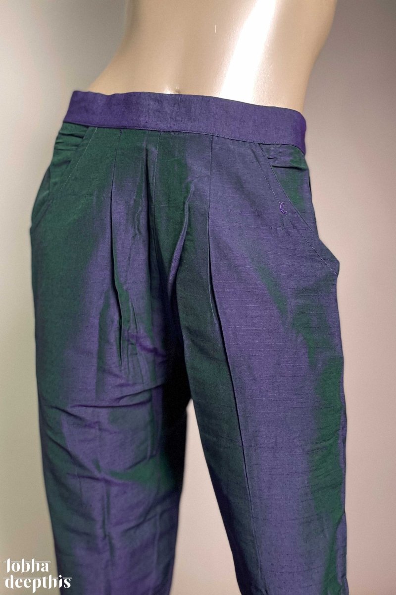 Indigo Blue Slub Silk Pencil Pants - Lobha Deepthis