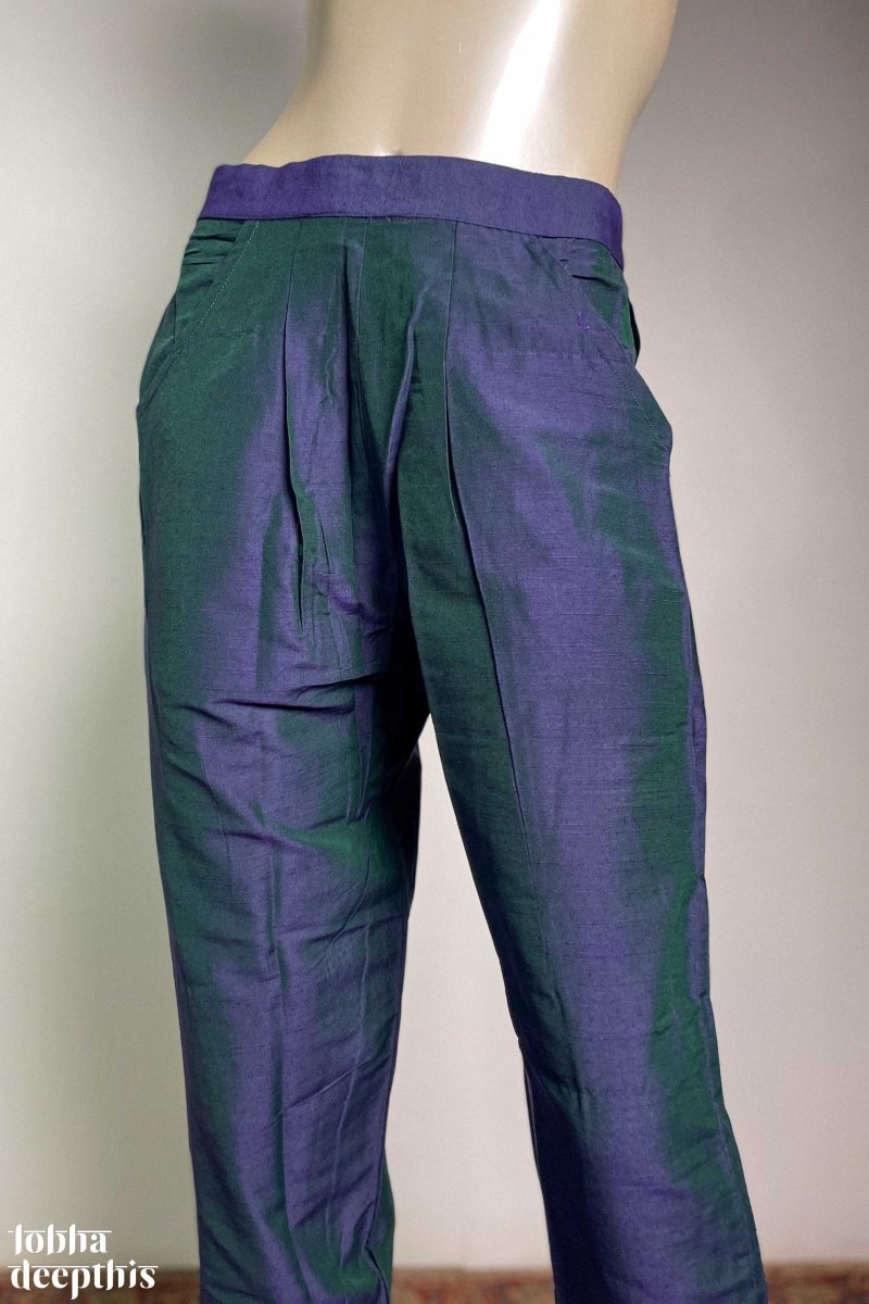 Indigo Blue Slub Silk Pencil Pants - Lobha Deepthis