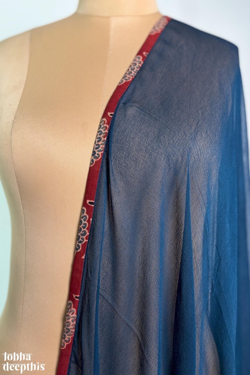 Indigo Chiffon with Ajrakh Border Dupatta - Lobha Deepthis
