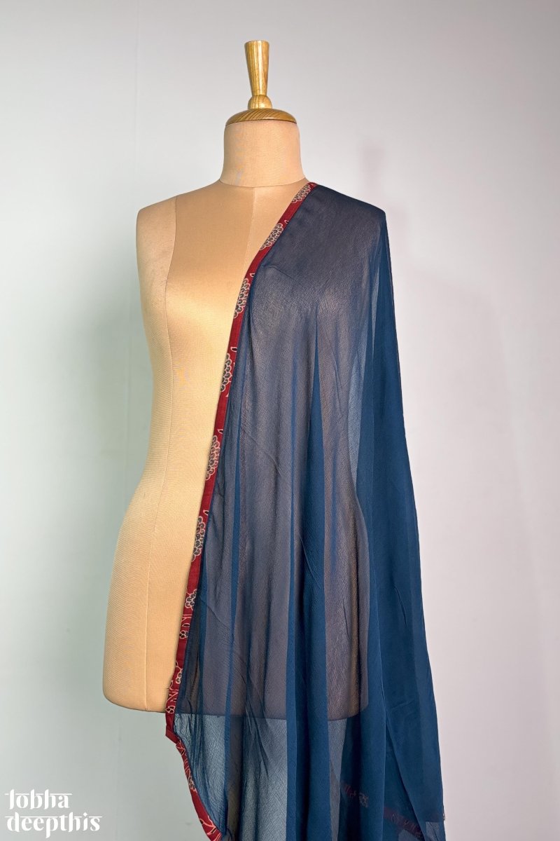 Indigo Chiffon with Ajrakh Border Dupatta - Lobha Deepthis