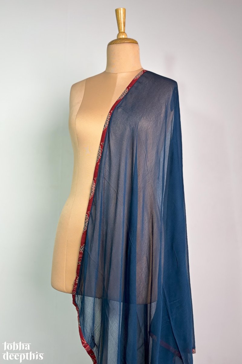 Indigo Chiffon with Ajrakh Border Dupatta - Lobha Deepthis