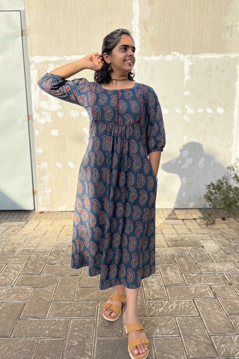 Indigo Paisley Ajrakh Printed Cotton Pleated Dress- Lobha Deepthis Indigo Paisley Ajrakh Printed Cotton Pleated Dress- Lobha Deepthis