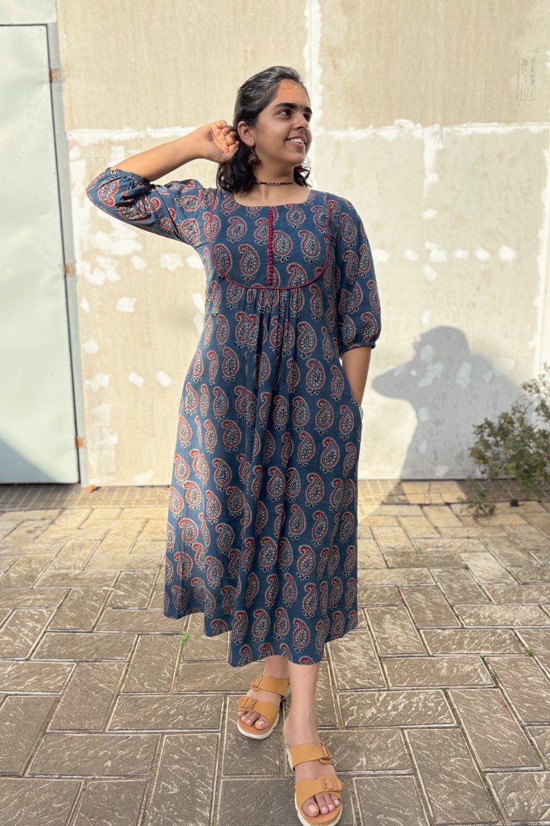 Indigo Paisley Ajrakh Pleated Dress - Lobha Deepthis