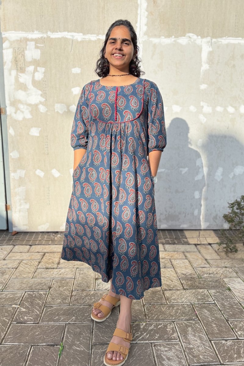 Indigo Paisley Ajrakh Pleated Dress - Lobha Deepthis