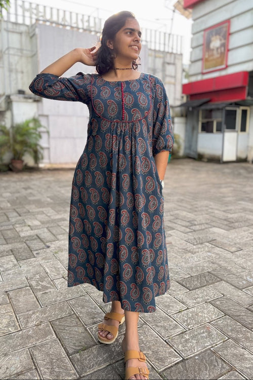 Indigo Paisley Ajrakh Pleated Dress - Lobha Deepthis