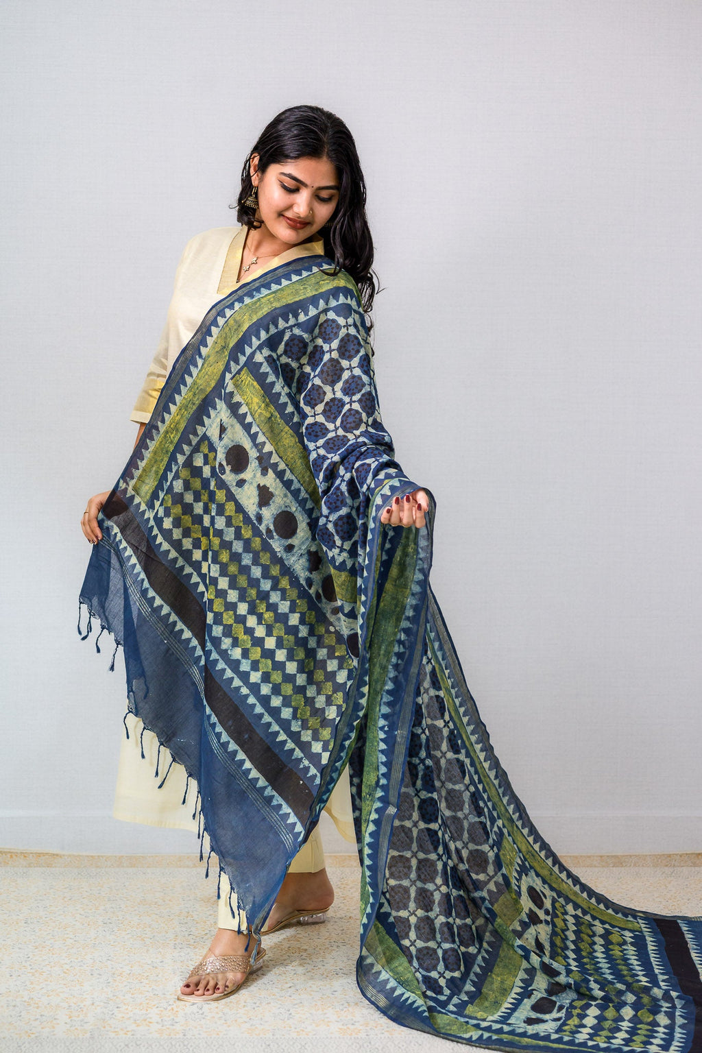 Indigo Tracery Ajrakh Pure Cotton Dupatta - Lobha Deepthis