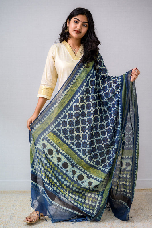 Indigo Tracery Ajrakh Pure Cotton Dupatta - Lobha Deepthis