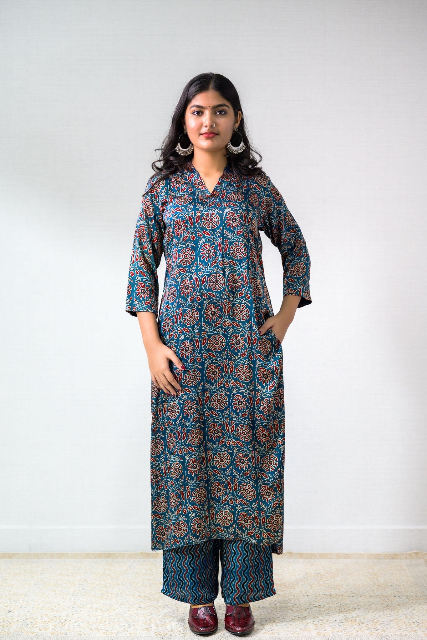 Indigo Vines Modal Silk Ajrakh Print Straight Kurta- Lobha Deepthis
