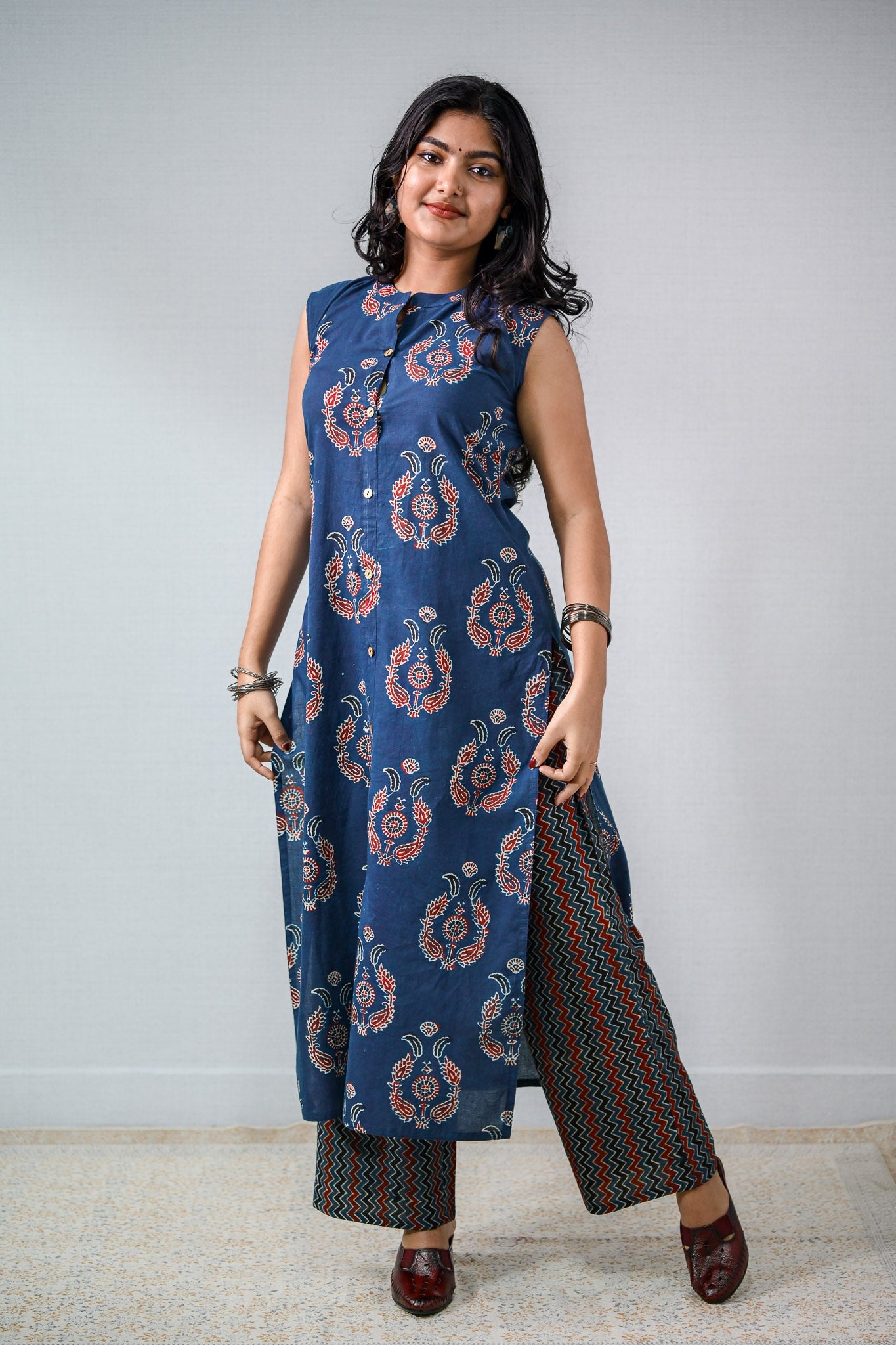 Indigo Zig Zag Ajrakh Cotton Parallel Pants - Lobha Deepthis