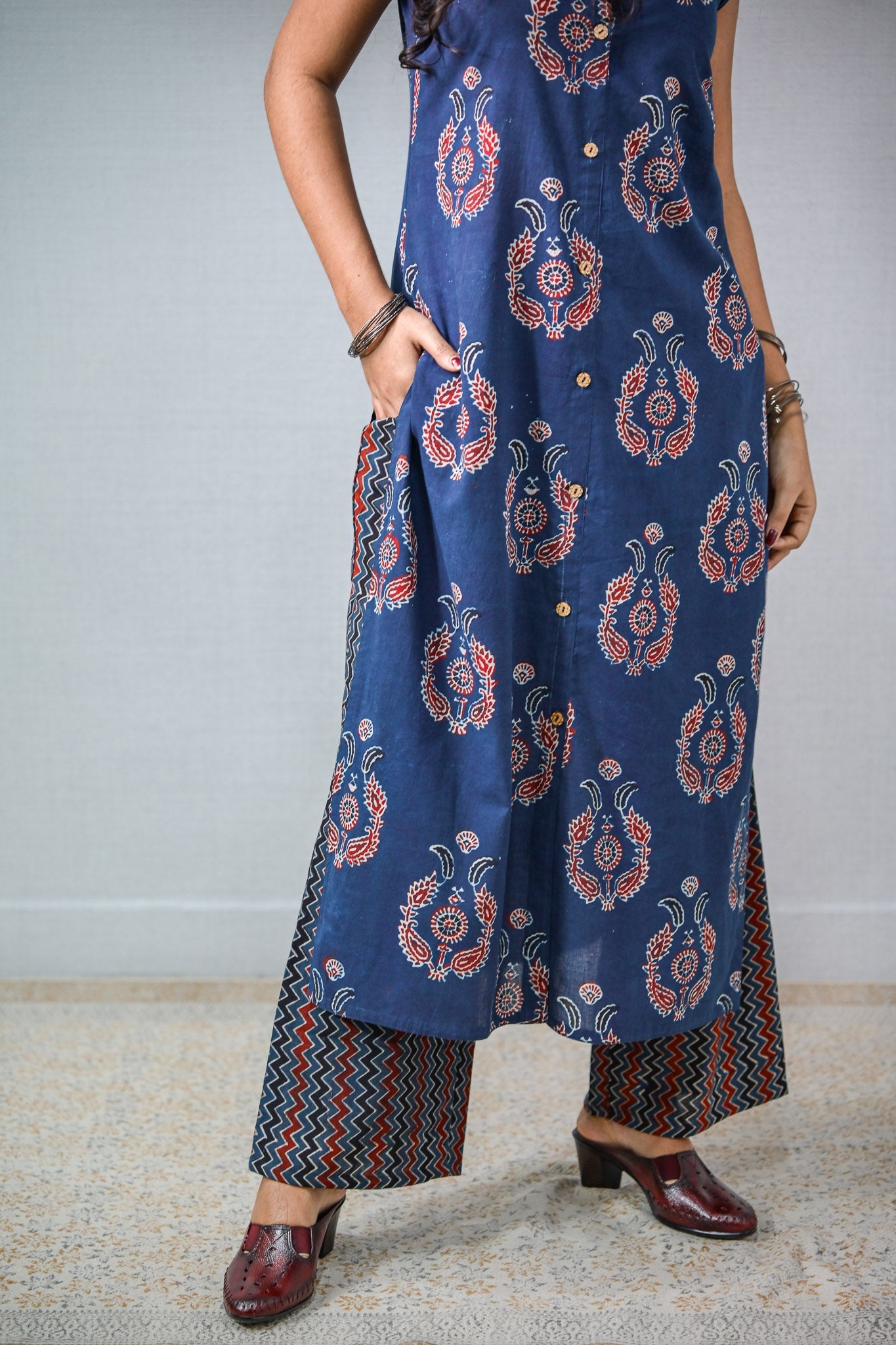 Indigo Zig Zag Ajrakh Cotton Parallel Pants - Lobha Deepthis