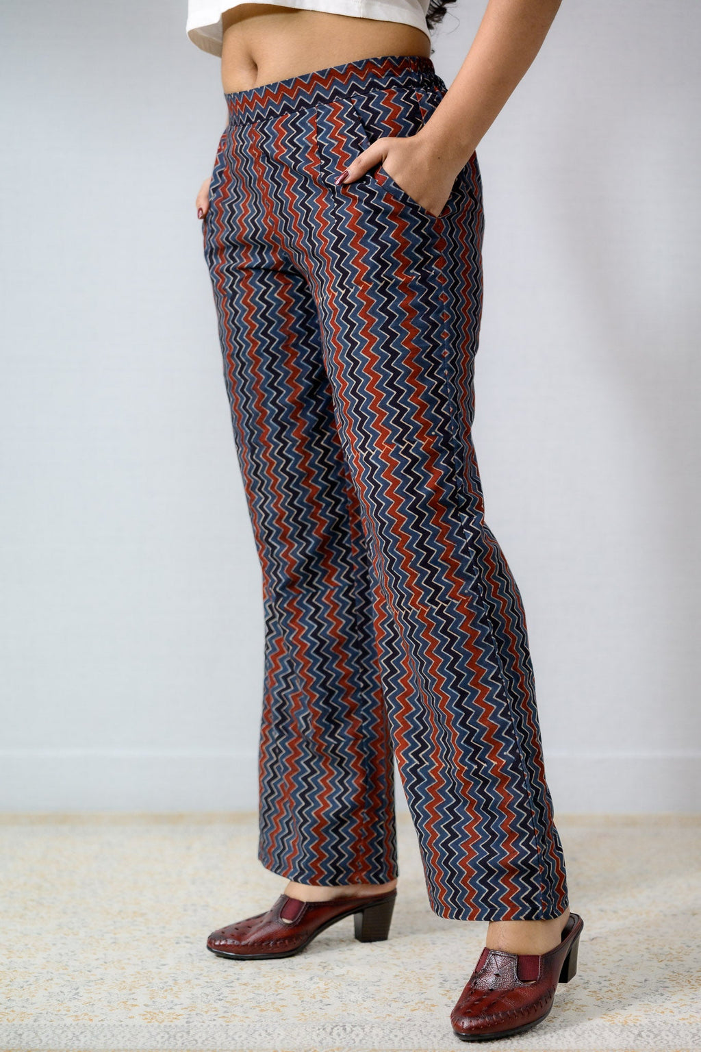 Indigo Zig Zag Ajrakh Cotton Parallel Pants - Lobha Deepthis
