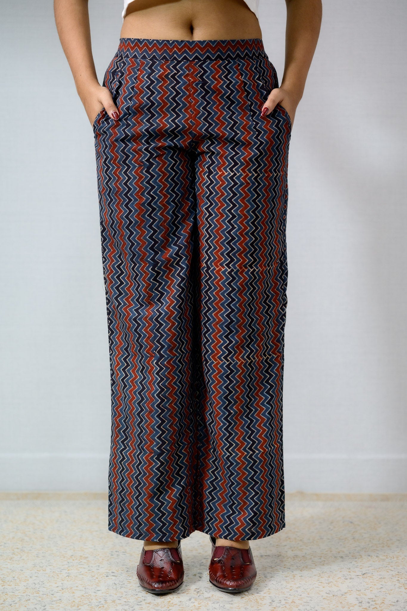 Parallel Pant Notes Indigo Zig Zag Ajrakh Pure Cotton Parallel Pants- Lobha Deepthis