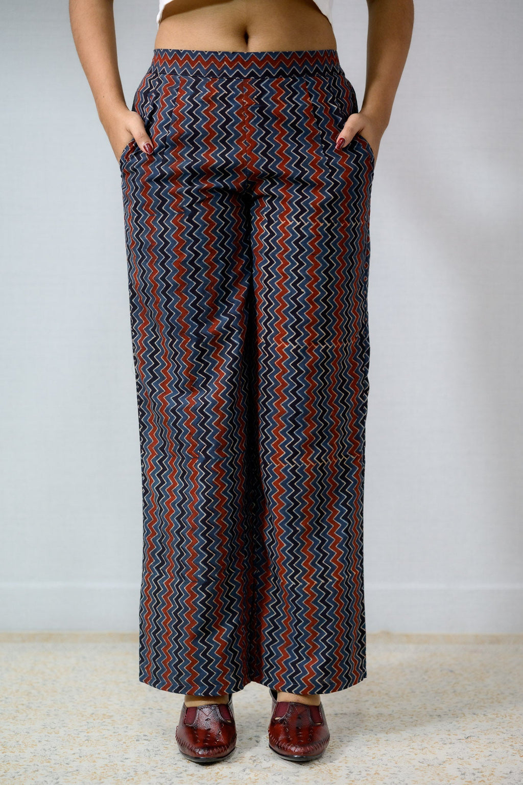 Indigo Zig Zag Ajrakh Cotton Parallel Pants - Lobha Deepthis