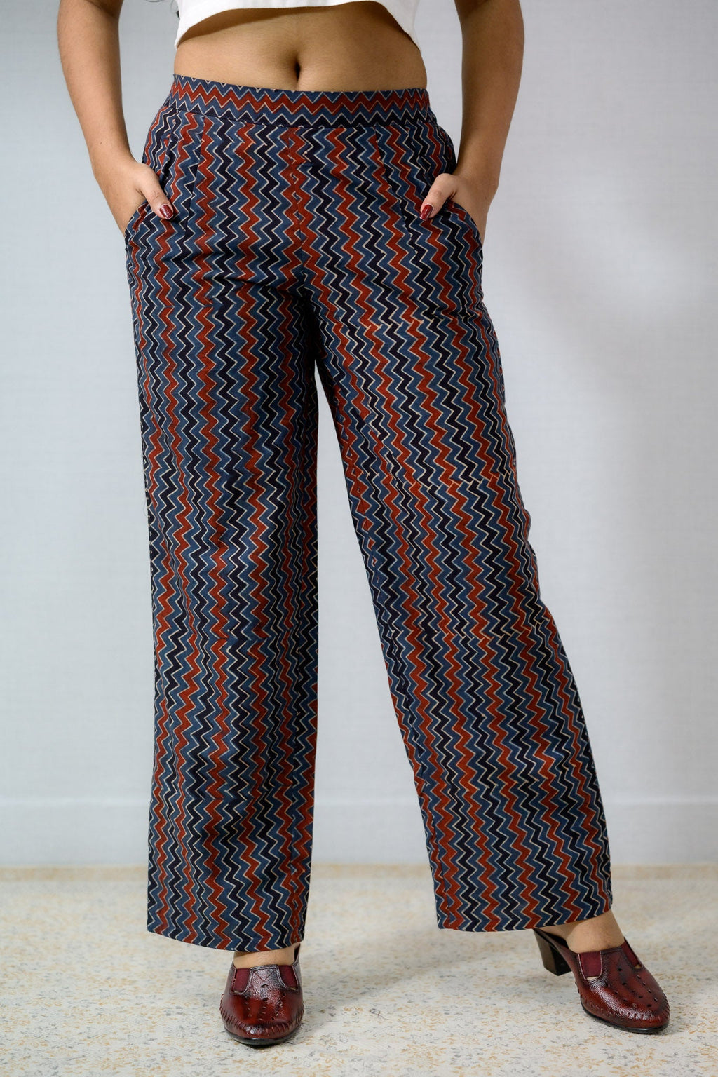 Indigo Zig Zag Ajrakh Cotton Parallel Pants - Lobha Deepthis
