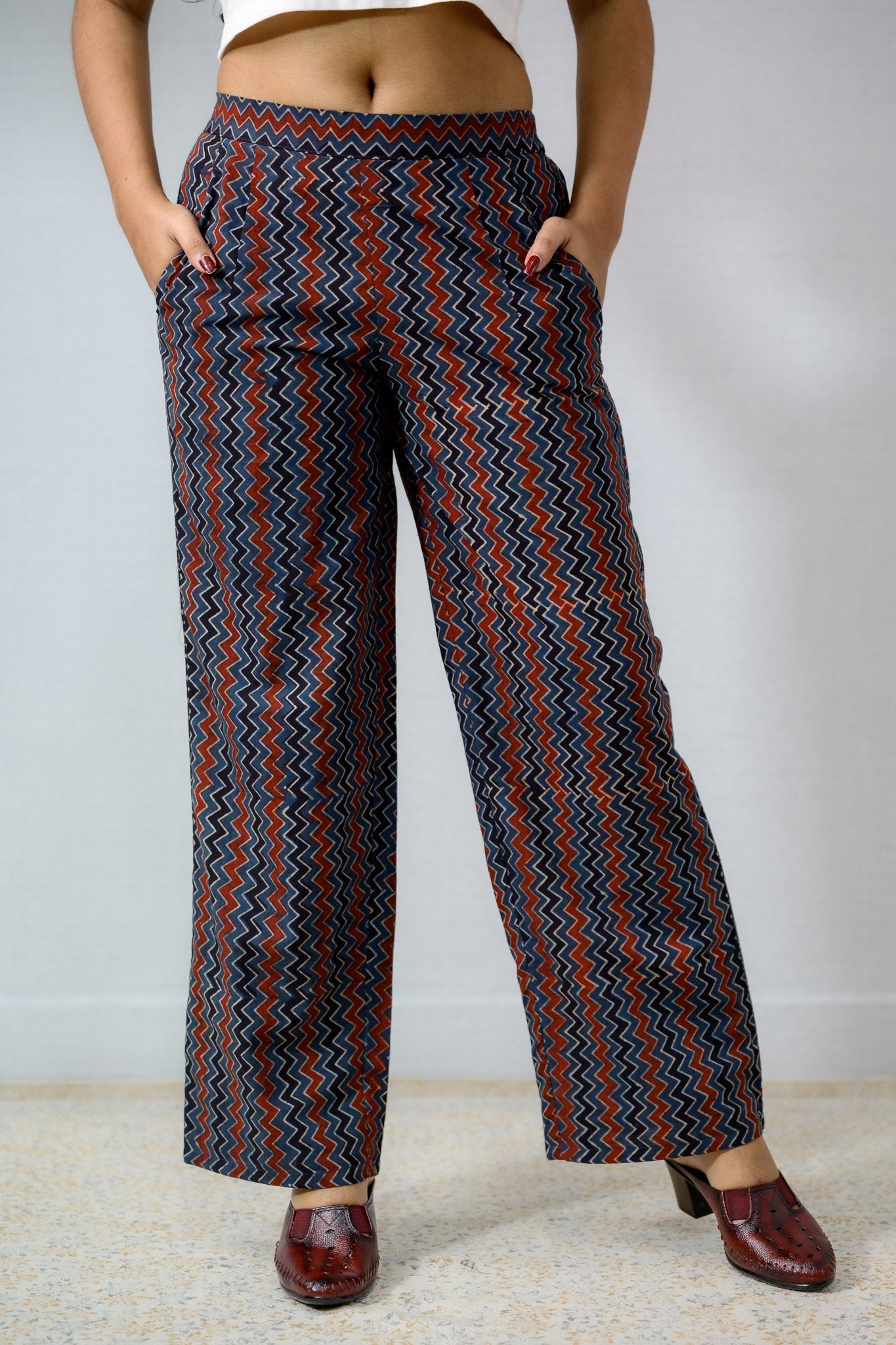 Indigo Zig Zag Ajrakh Cotton Parallel Pants - Lobha Deepthis