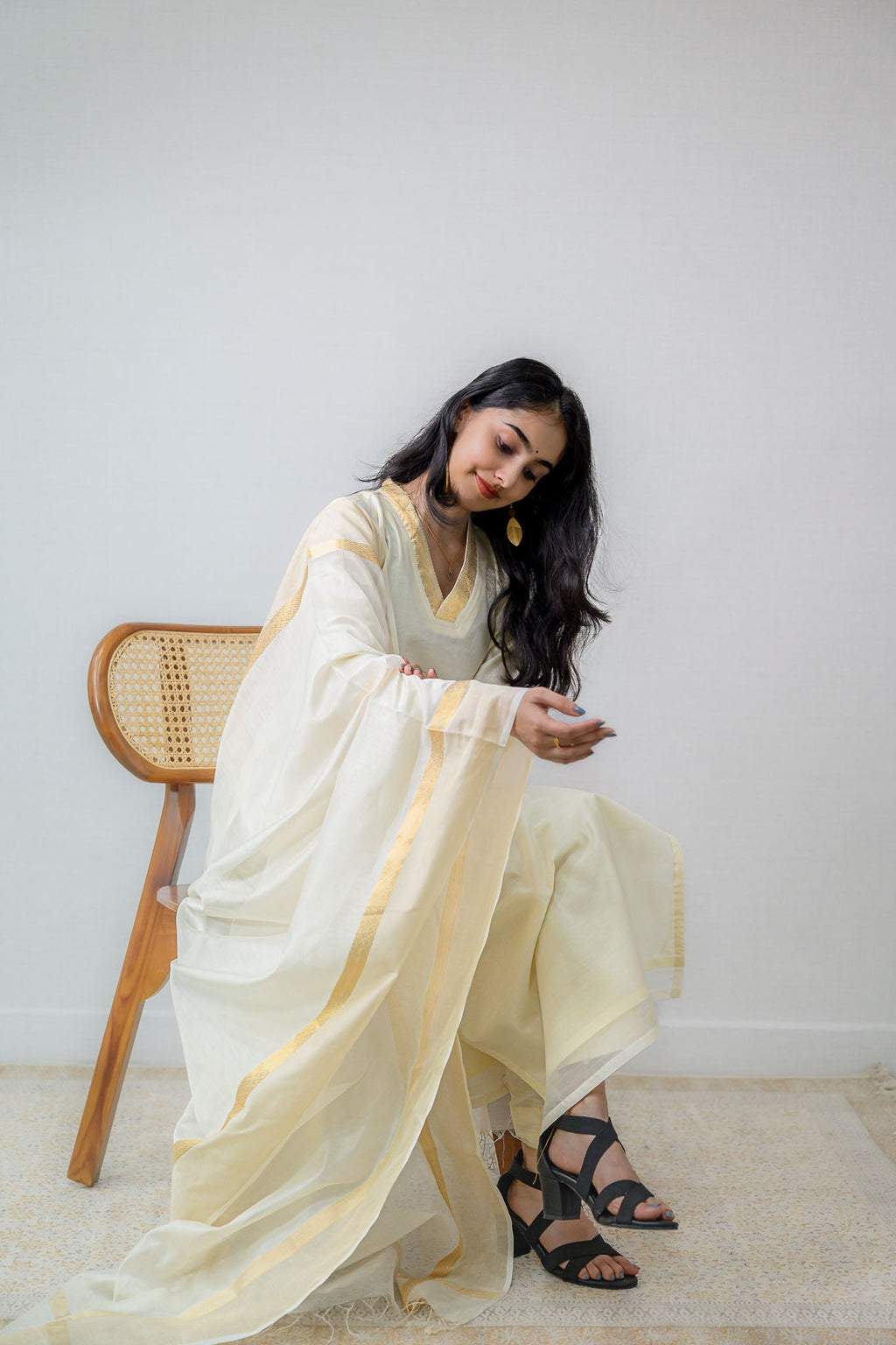 Ivory Maheshwari Silk Collar Kurta - Lobha Deepthis