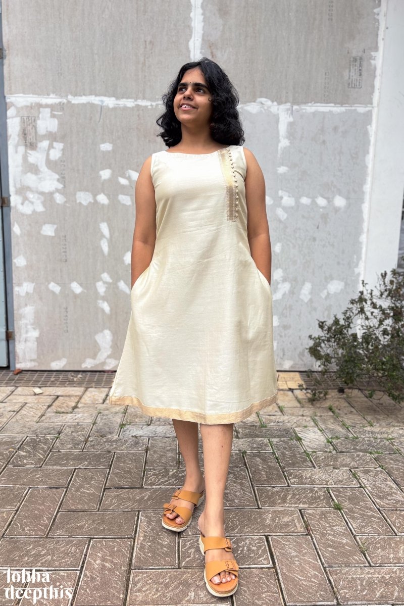 Ivory Maheshwari Silk Dress - Lobha Deepthis