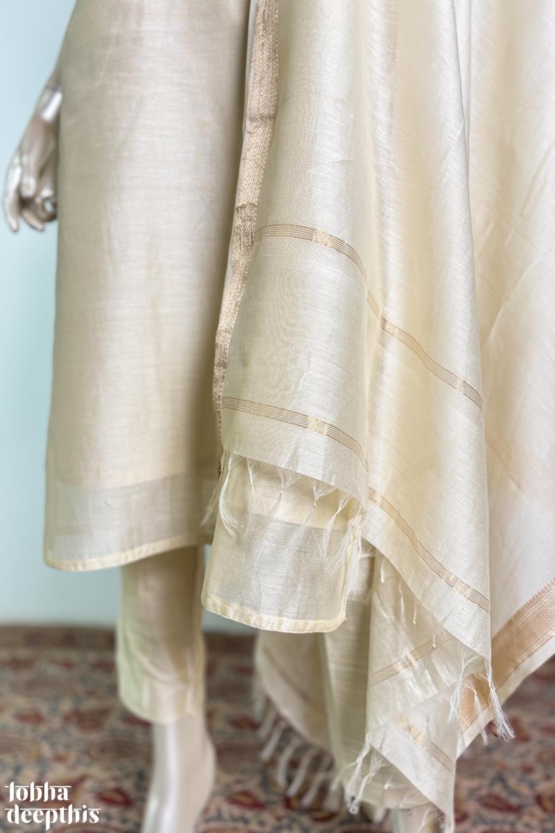 Ivory Maheshwari Silk Round Neck Kurta - Lobha Deepthis