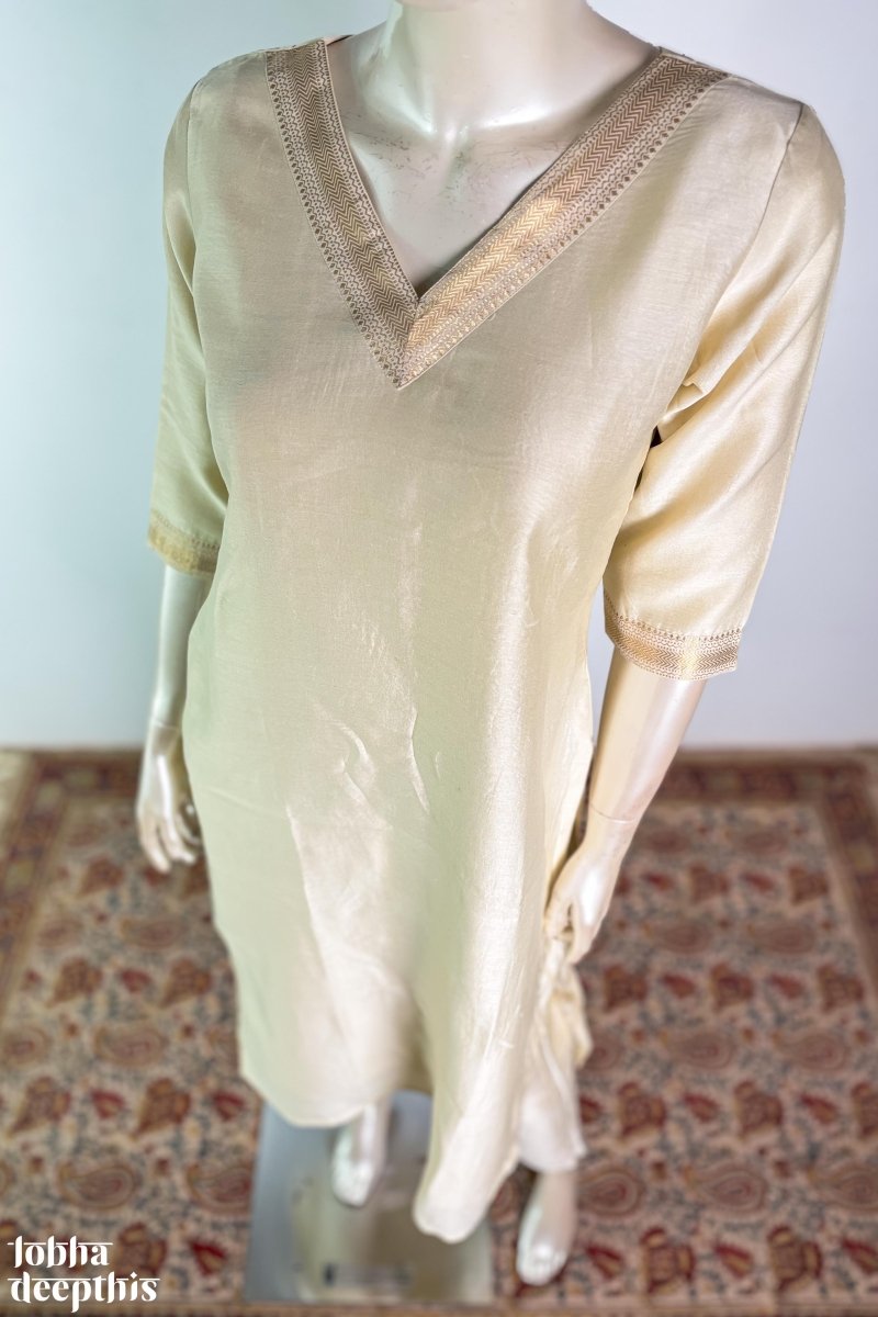 Ivory Maheshwari Silk V Neck Kurta - Lobha Deepthis